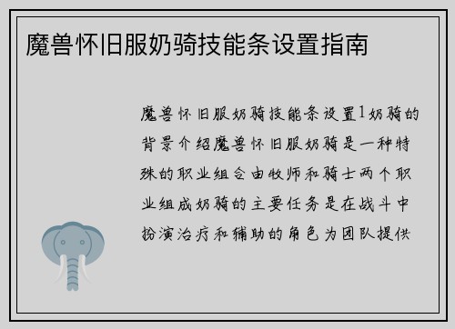 魔兽怀旧服奶骑技能条设置指南