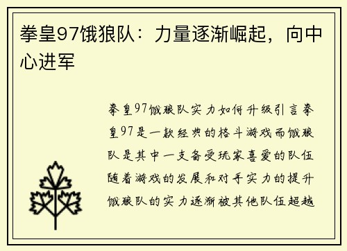 拳皇97饿狼队：力量逐渐崛起，向中心进军